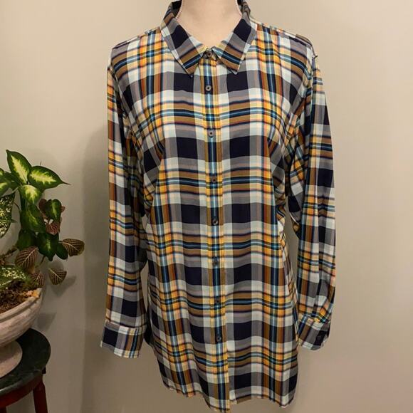 Talbots Blue and Yellow Plaid Lightweight Button-Up Shirt Size 3XP - Picture 1 of 5